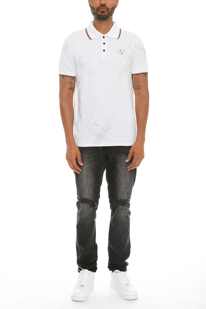 Italian Print Collared Polo Shirt - White Collar