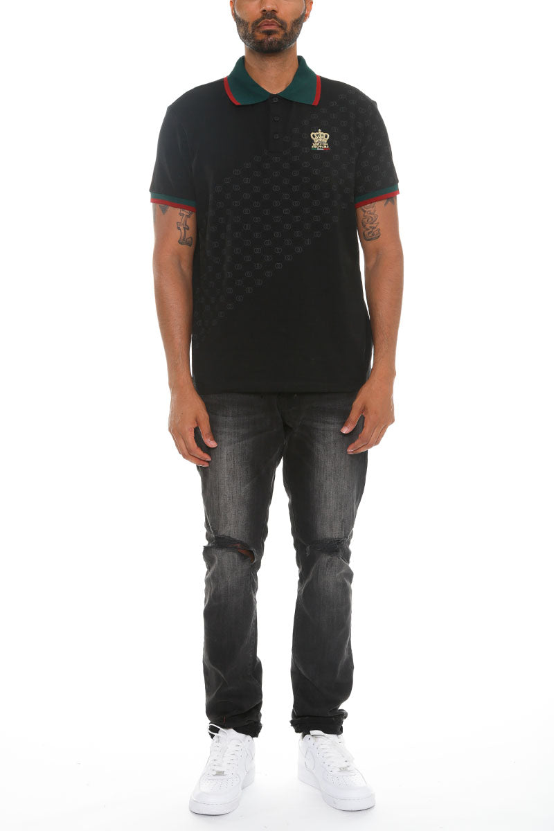 Italian Print Collared Polo Shirt - Black