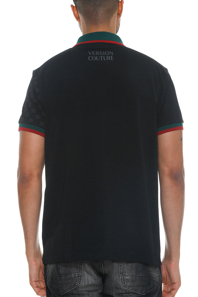 Italian Print Collared Polo Shirt - Black