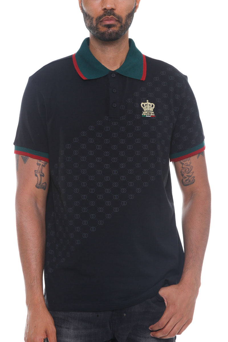 Italian Print Collared Polo Shirt - Black