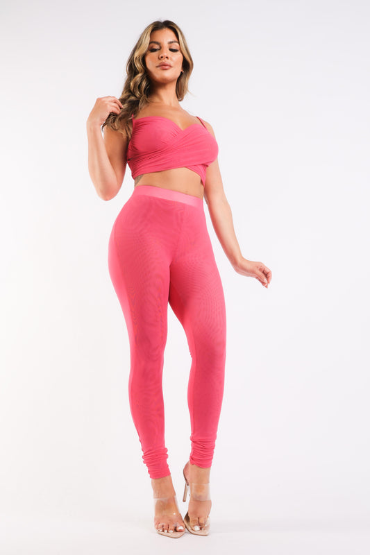 FUCHSIA Casual Sports Strappy Sleeve Top & Leggings