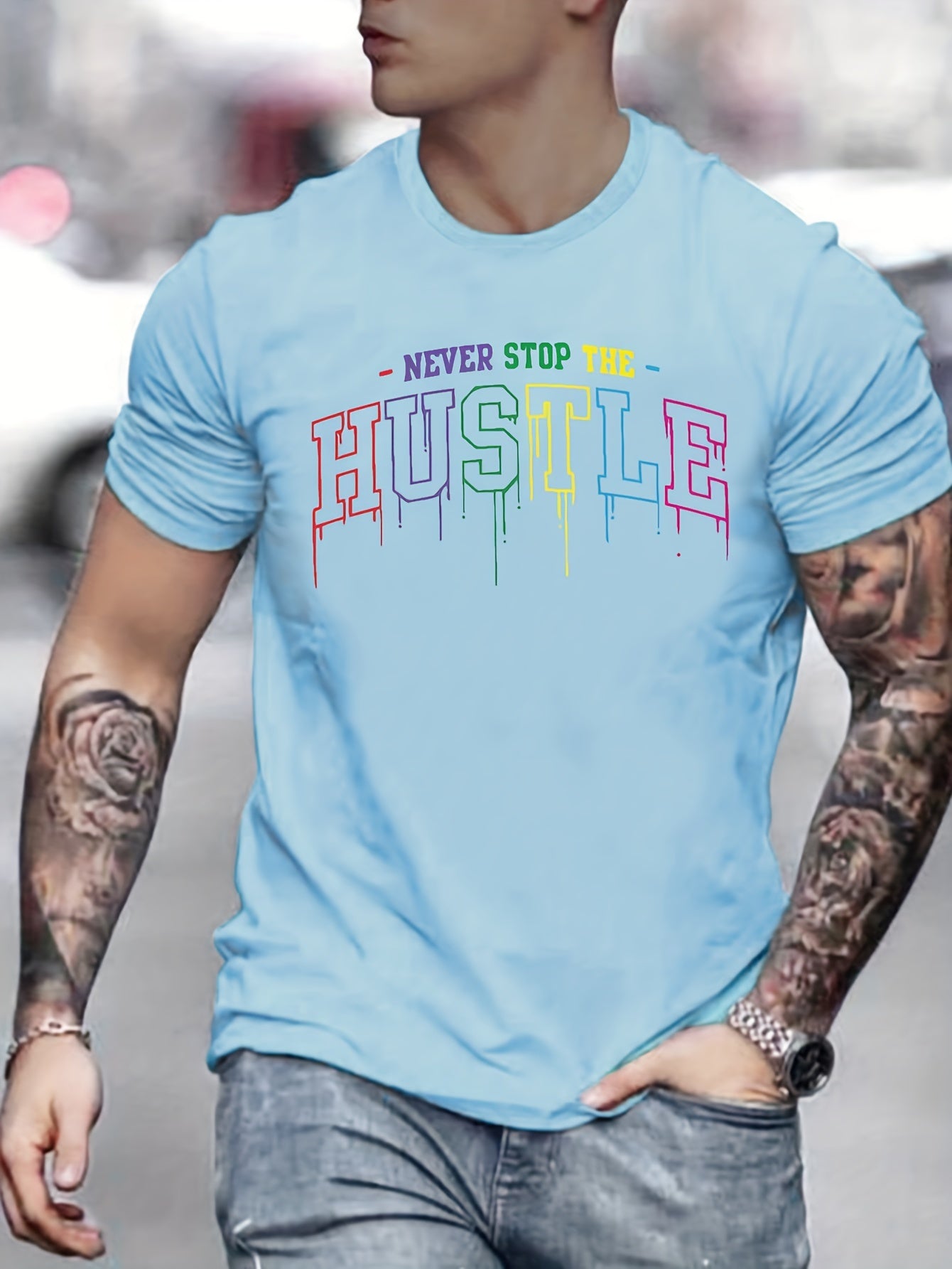 Hustle Print - Men's Graphic Design Crew Neck T-Shirt