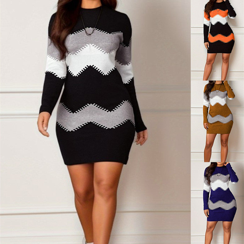 Long Sleeve Printed Knitted Sheath Dress