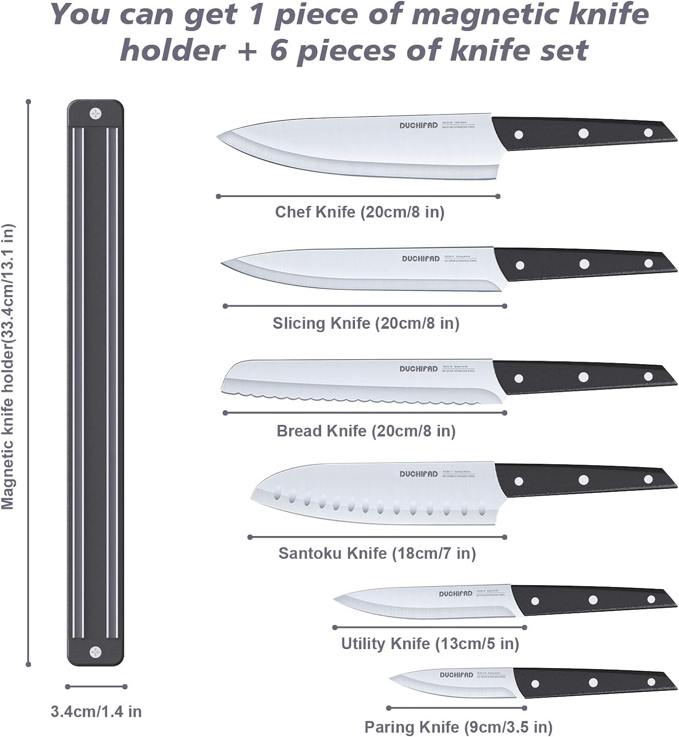 6Pc Stainless Steel Knife Set With Magnetic Knife Strip