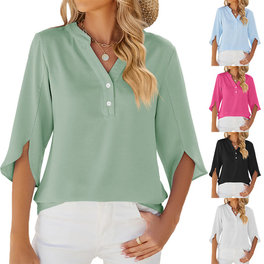 V-neck Button Mid-sleeve Chiffon Shirt Solid Color Top