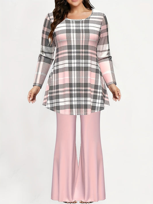 Plaid Print Two-Piece Set - Top & Pants (Pale Pinkish Gray)