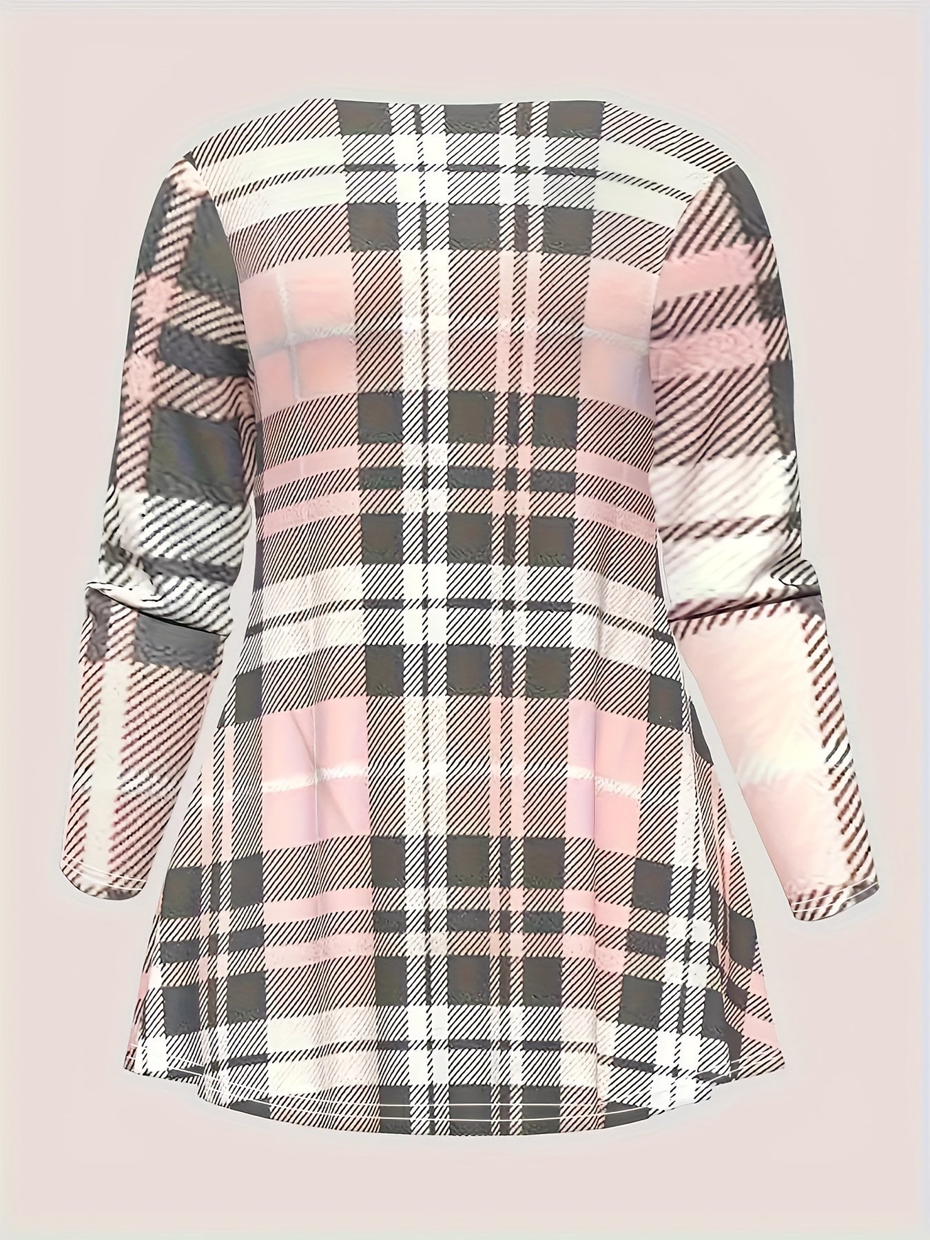 Plaid Print Two-Piece Set - Top & Pants (Pale Pinkish Gray)