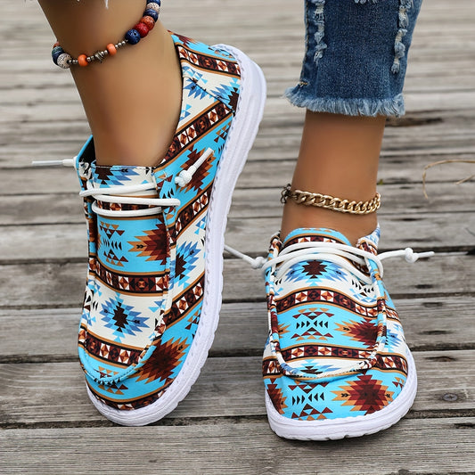 Women's Geometric Pattern Lace-Up Canvas Sneakers