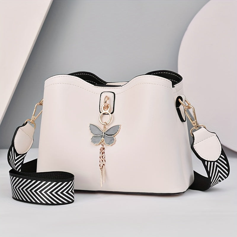 Women's Butterfly Decor Bucket Bag with Geometric Strap