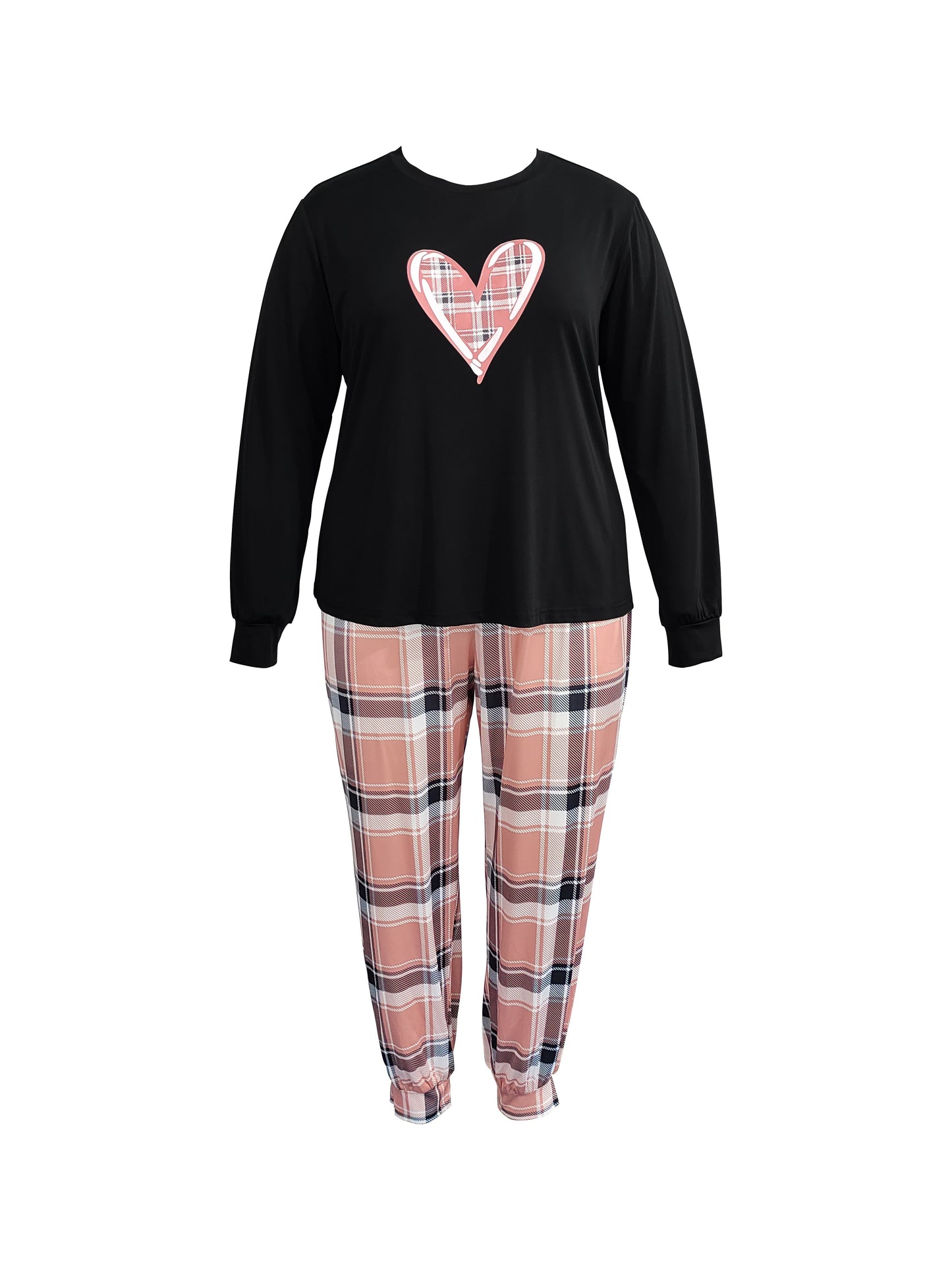 Heart Print Two-piece Set, Long Sleeve Top & Plaid Pants