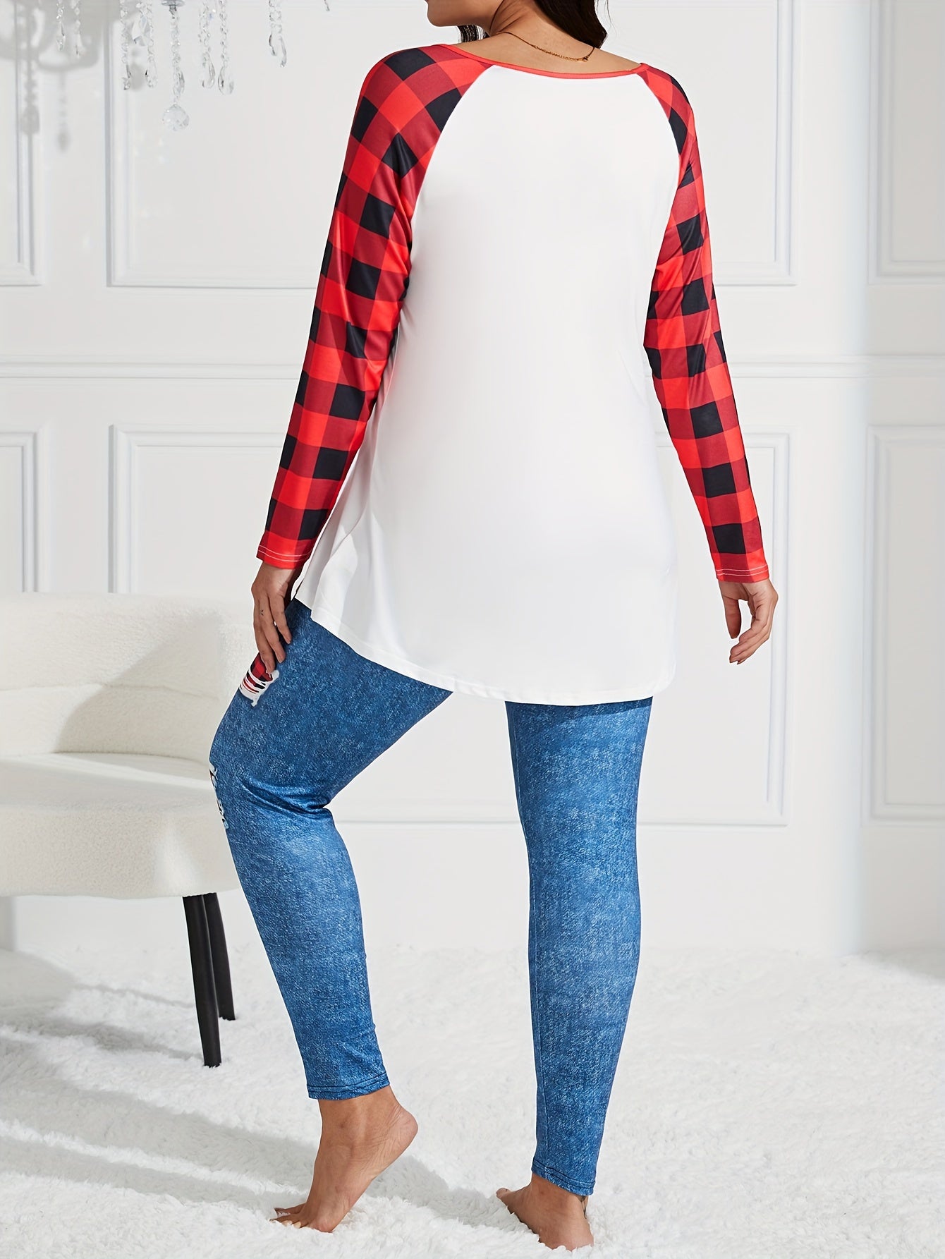 Plaid Heart Print Raglan Sleeve Round Neck Top & Leggings