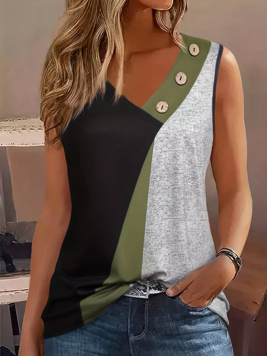 Women's Color Block Button Tank Top