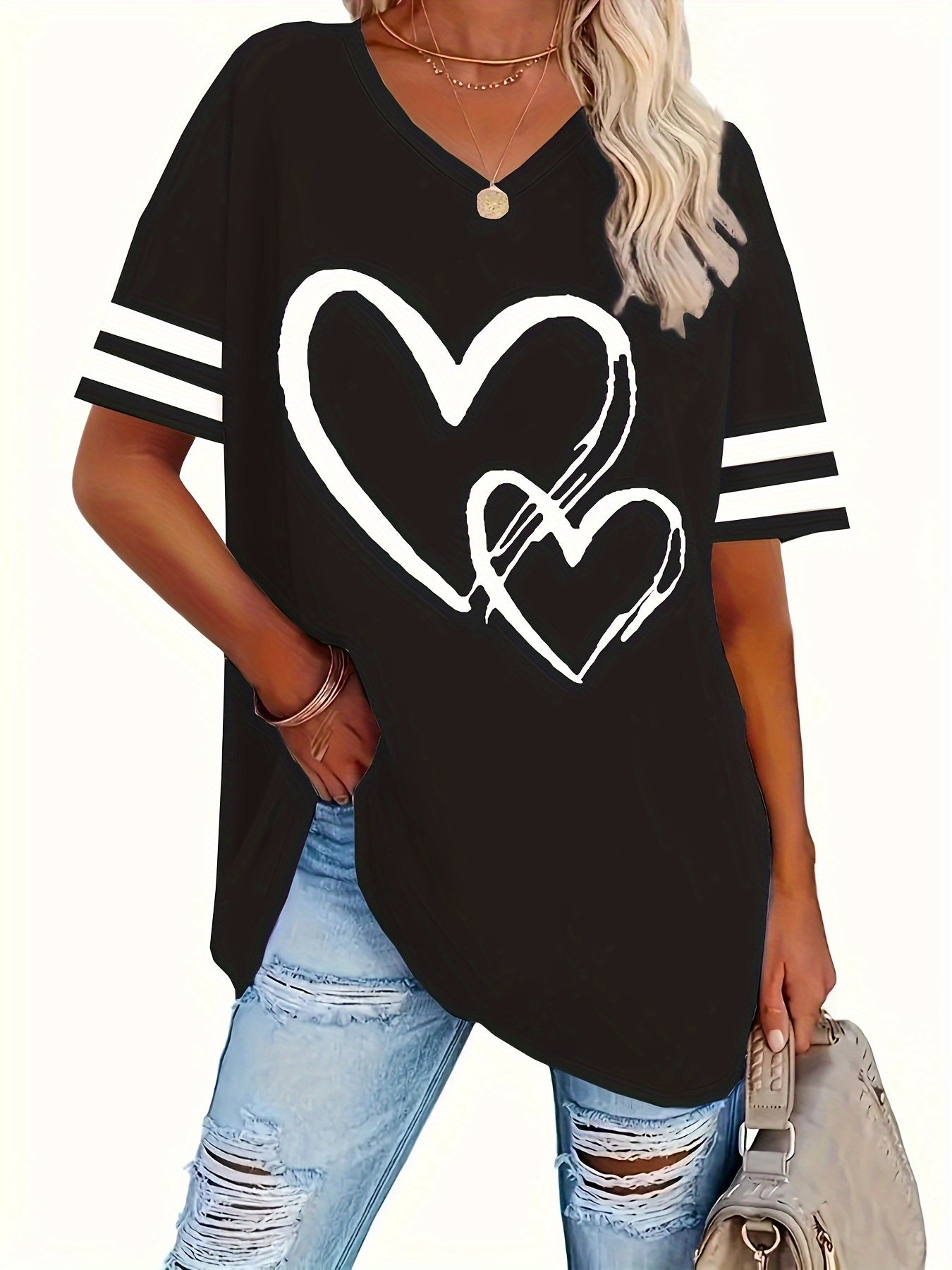 Women's Heart & Stripe Print T-Shirt