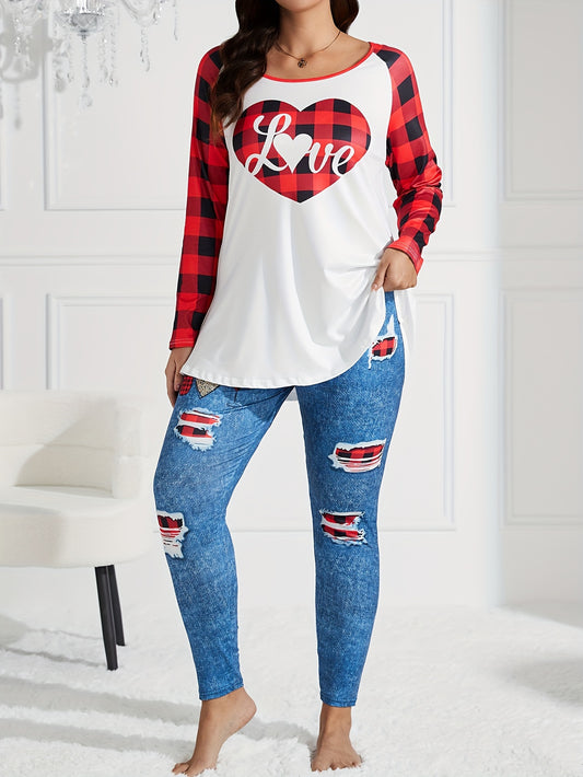 Plaid Heart Print Raglan Sleeve Round Neck Top & Leggings