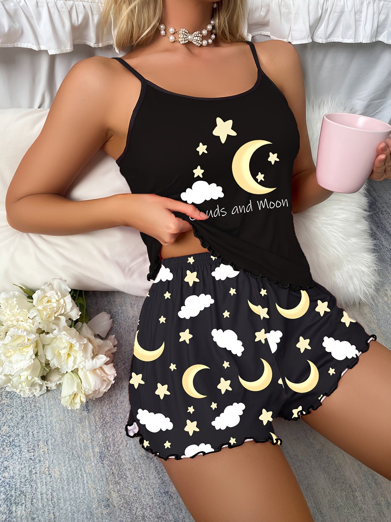 Women's Casual Moon & Star & Cloud Print Lettuce Trim Pajama Set