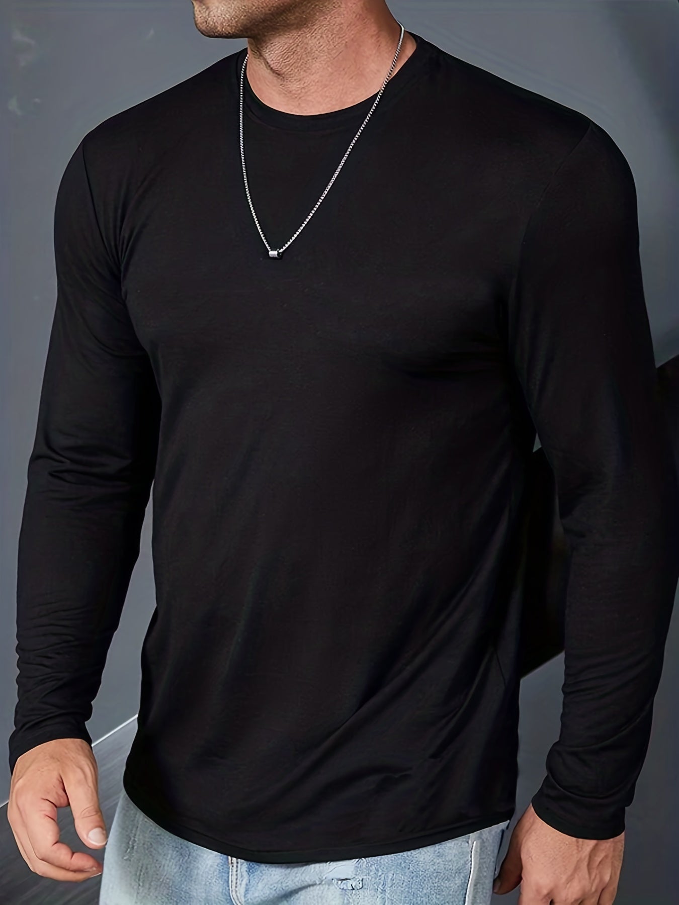 Men's Casual Solid Color Long Sleeve Crew Neck Shirt