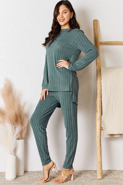 Basic Bae Ribbed High-Low Top and Pants Set