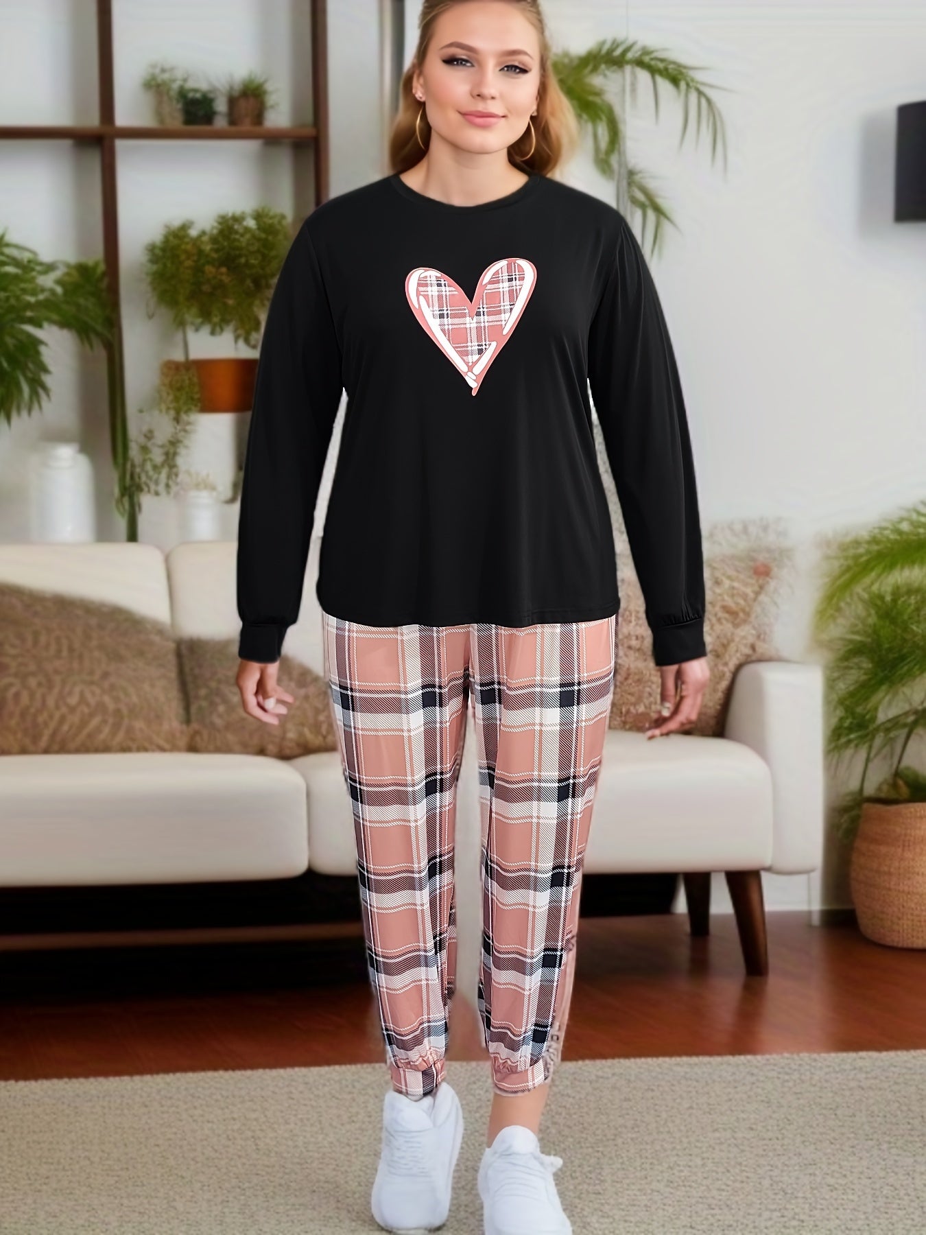 Heart Print Two-piece Set, Long Sleeve Top & Plaid Pants