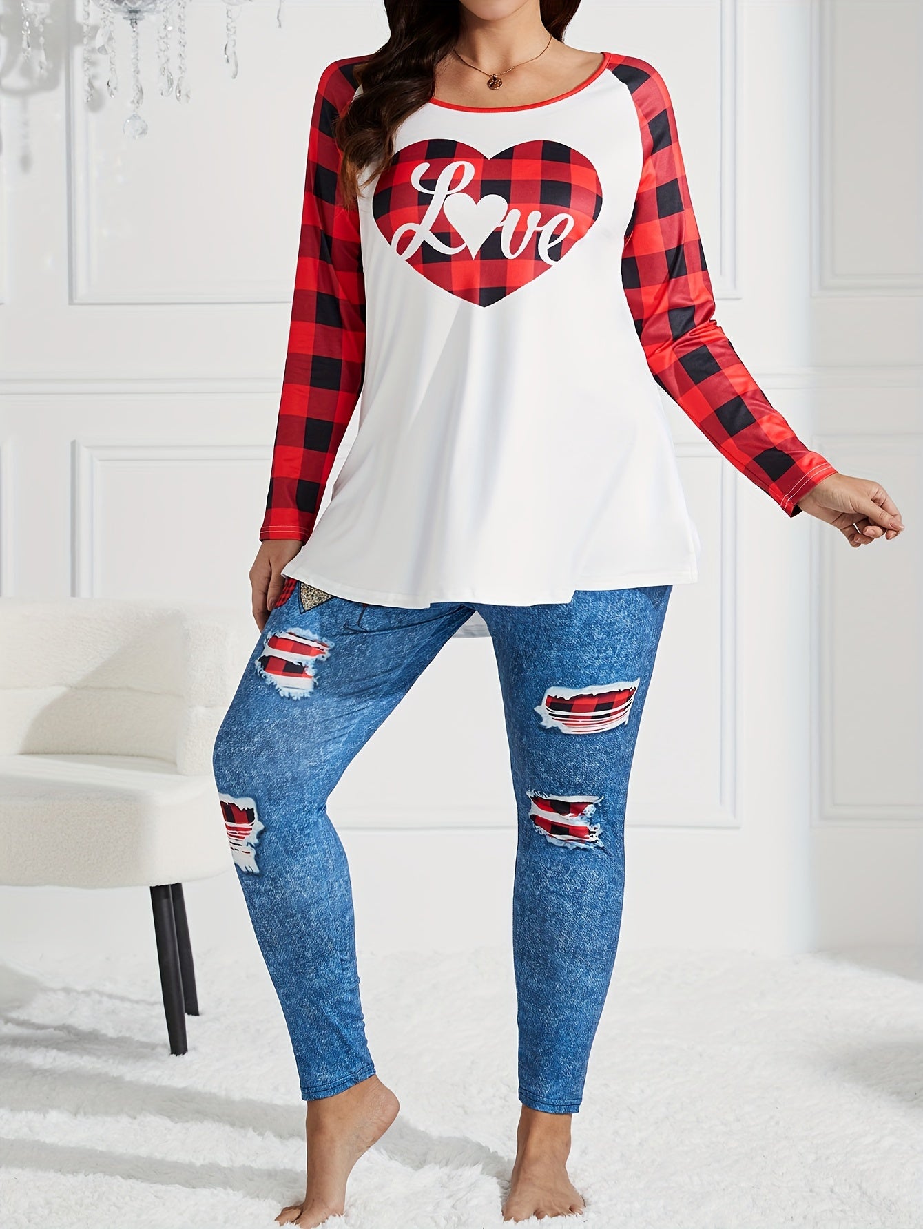 Plaid Heart Print Raglan Sleeve Round Neck Top & Leggings