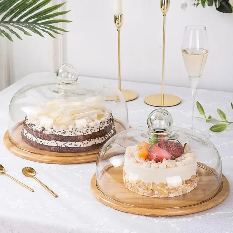 Transparent Dustproof Cake Glass Cover With Bamboo Tray